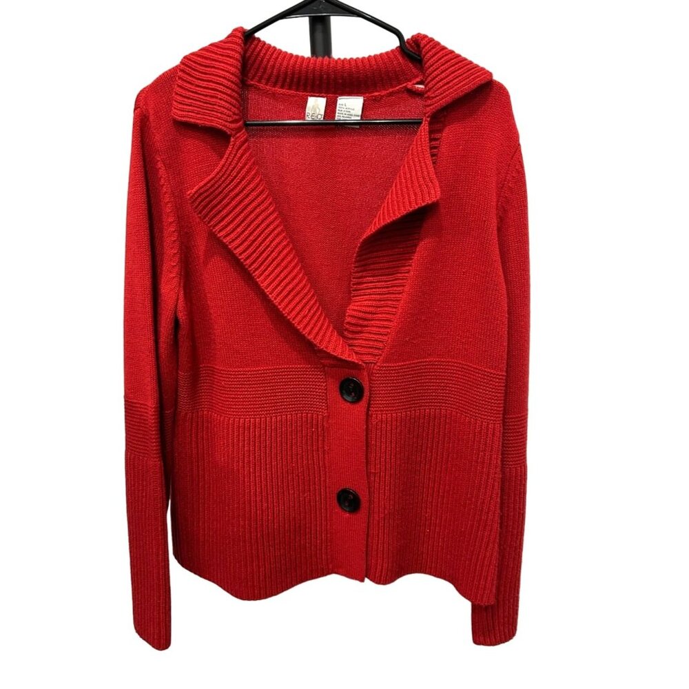 REQ Red Acrylic Large Collar Cardigan Sweater Ribbed Details Button Front Sz L